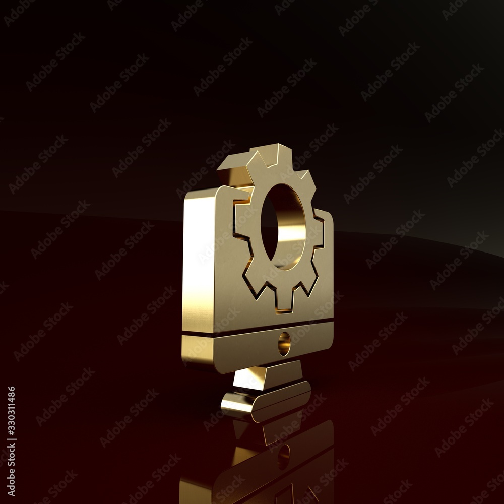 Gold Computer monitor and gear icon isolated on brown background. Adjusting, service, setting, maint