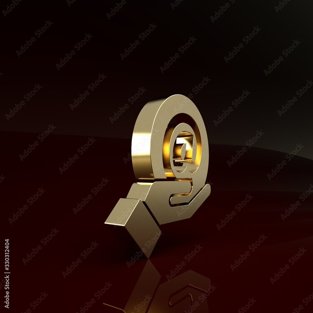 Gold Mail and e-mail in hand icon isolated on brown background. Envelope symbol e-mail. Email messag