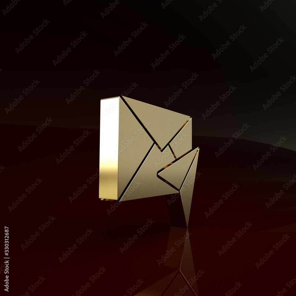 Gold Envelope icon isolated on brown background. Email message letter symbol. Minimalism concept. 3d