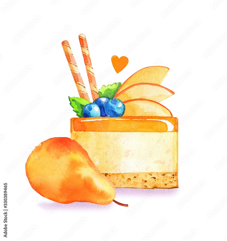 cake pear fruit blueberry cream fresh jelly orange summer sun watercolor isolated on a white backgro