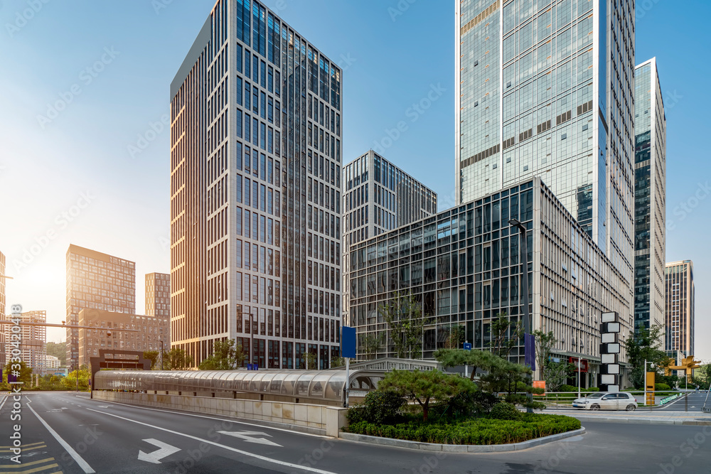 Streets and office buildings of Jinan central business district..