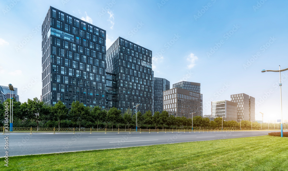 Streets and office buildings of Jinan central business district..