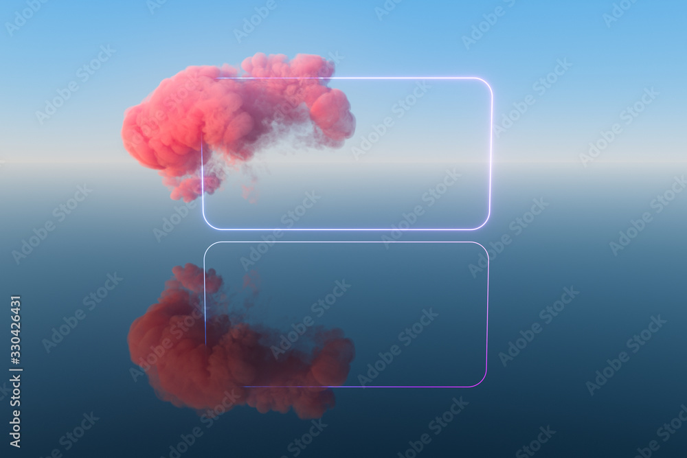 Cloud and geometric figure floating on the lake, 3d rendering.