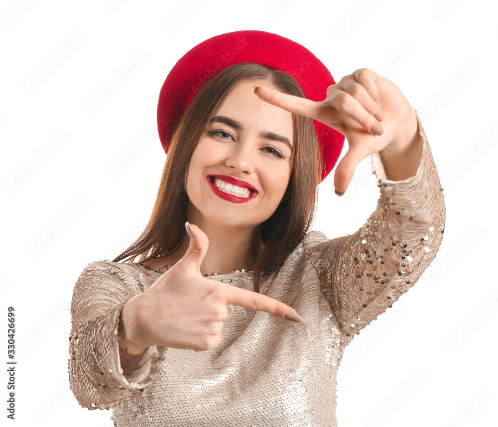 Happy young woman on white background