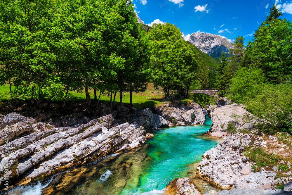 Emerald color Soca river with narrow rocky canyon, Bovec, Slovenia