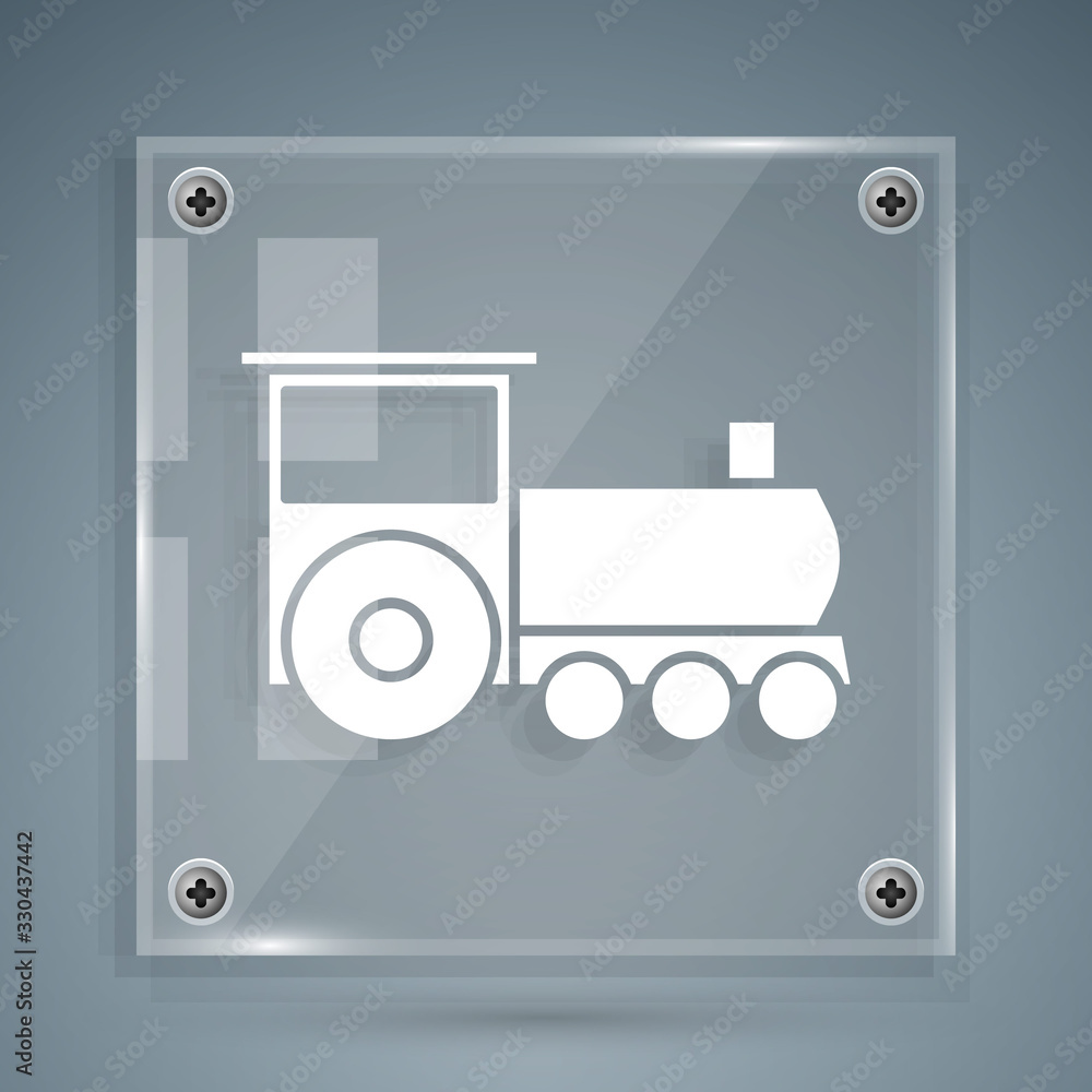 White Retro train icon isolated on grey background. Public transportation symbol. Square glass panel