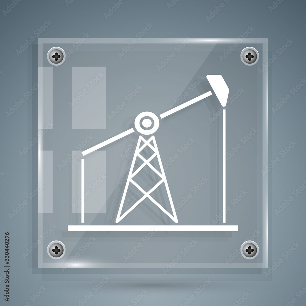 White Oil pump or pump jack icon isolated on grey background. Oil rig. Square glass panels. Vector I