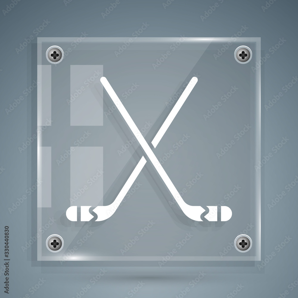 White Ice hockey sticks icon isolated on grey background. Square glass panels. Vector Illustration