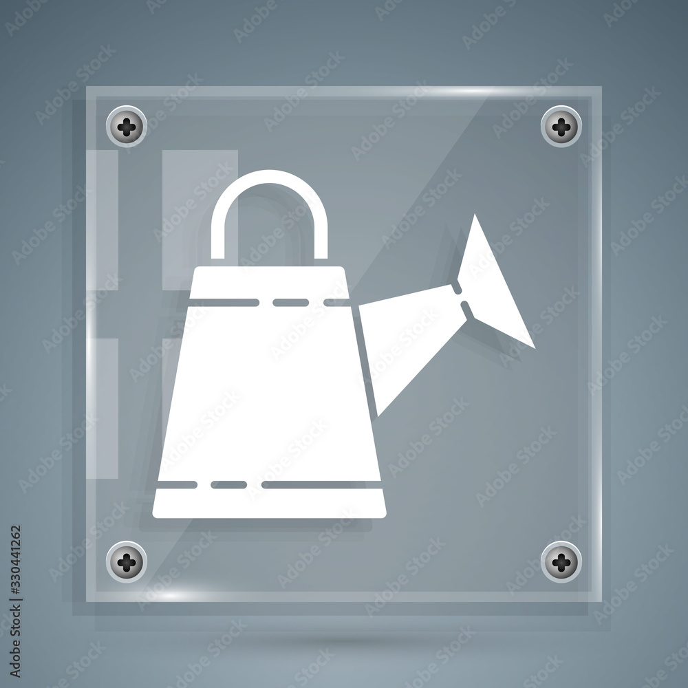 White Watering can icon isolated on grey background. Irrigation symbol. Square glass panels. Vector 