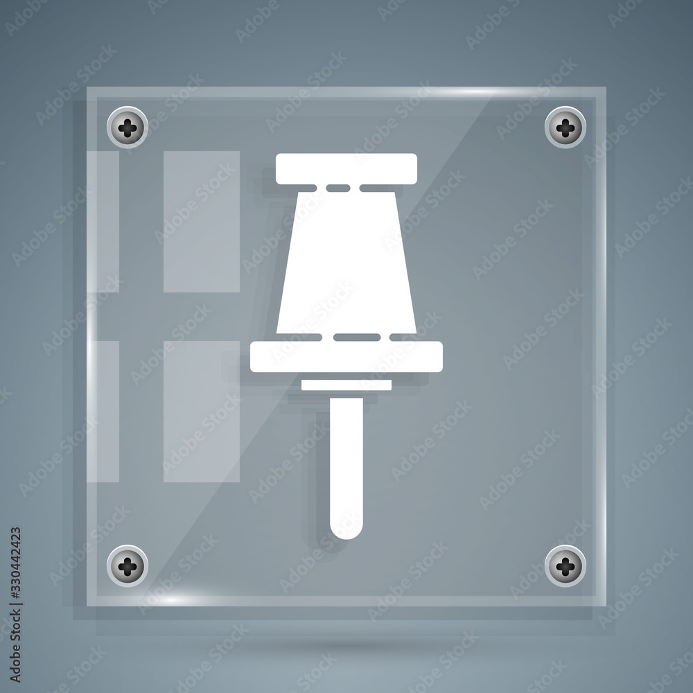 White Push pin icon isolated on grey background. Thumbtacks sign. Square glass panels. Vector Illust