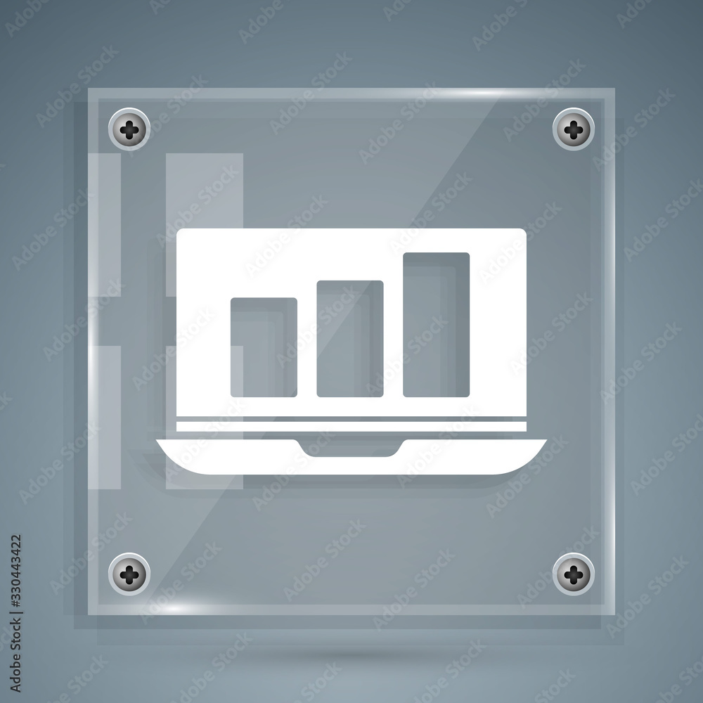 White Laptop with graph chart icon isolated on grey background. Report text file icon. Accounting si