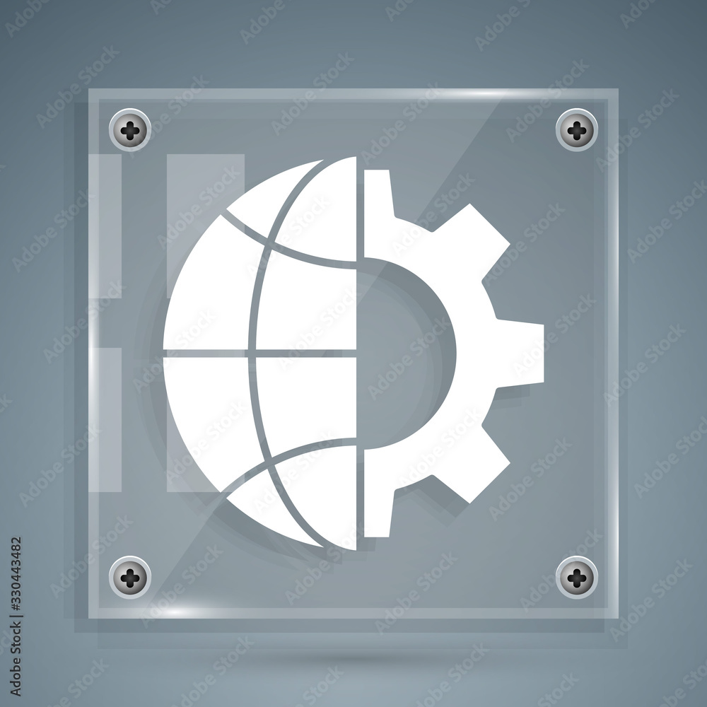 White Globe of the Earth and gear or cog icon isolated on grey background. Setting parameters. Globa