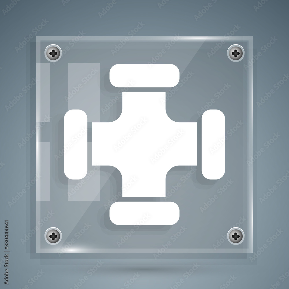 White Industry metallic pipe icon isolated on grey background. Plumbing pipeline parts of different 