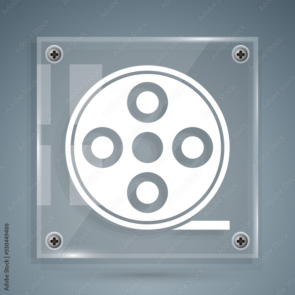 White Film reel icon isolated on grey background. Square glass panels. Vector Illustration