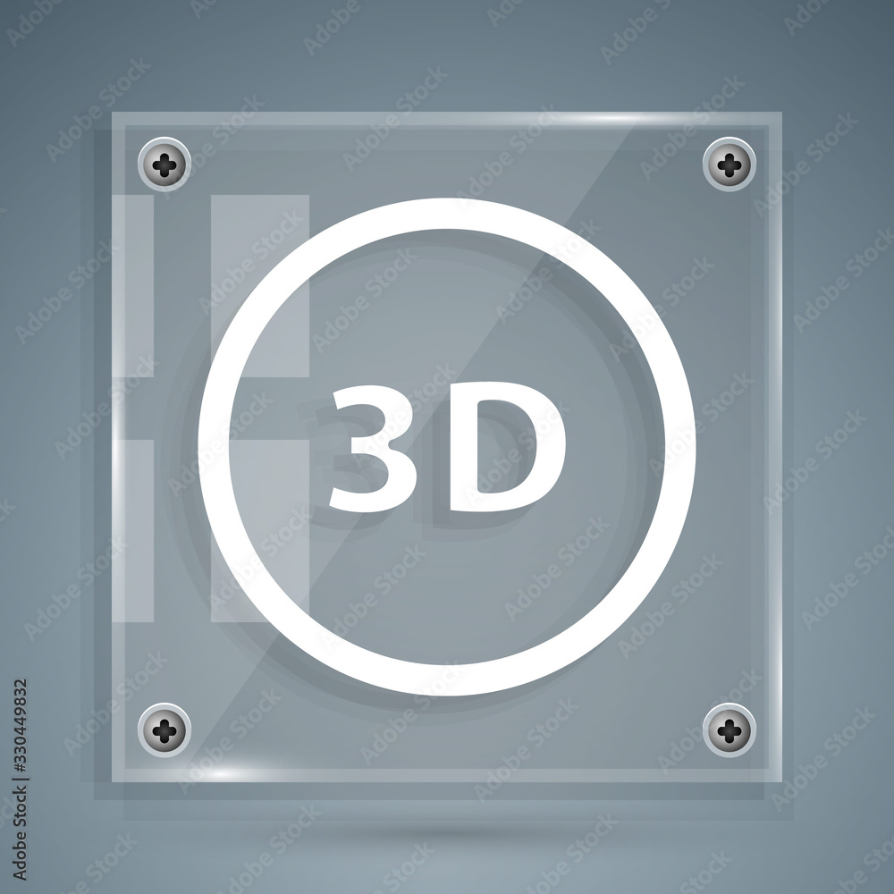 灰色背景上隔离的白色3D单词图标。方形玻璃面板。矢量插图