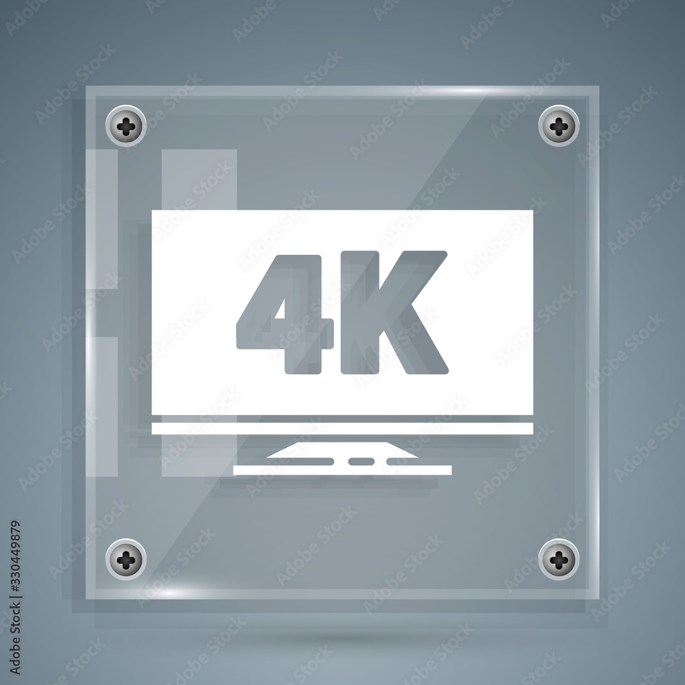 White Screen tv with 4k Ultra HD video technology icon isolated on grey background. Square glass pan