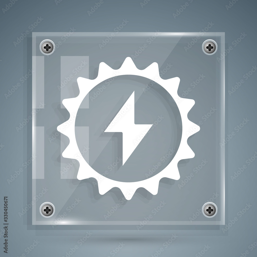 White Solar energy panel icon isolated on grey background. Sun with lightning symbol. Square glass p