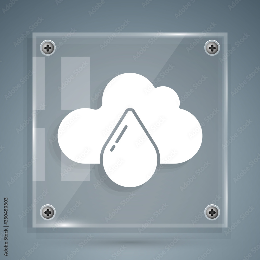 White Cloud with rain icon isolated on grey background. Rain cloud precipitation with rain drops. Sq