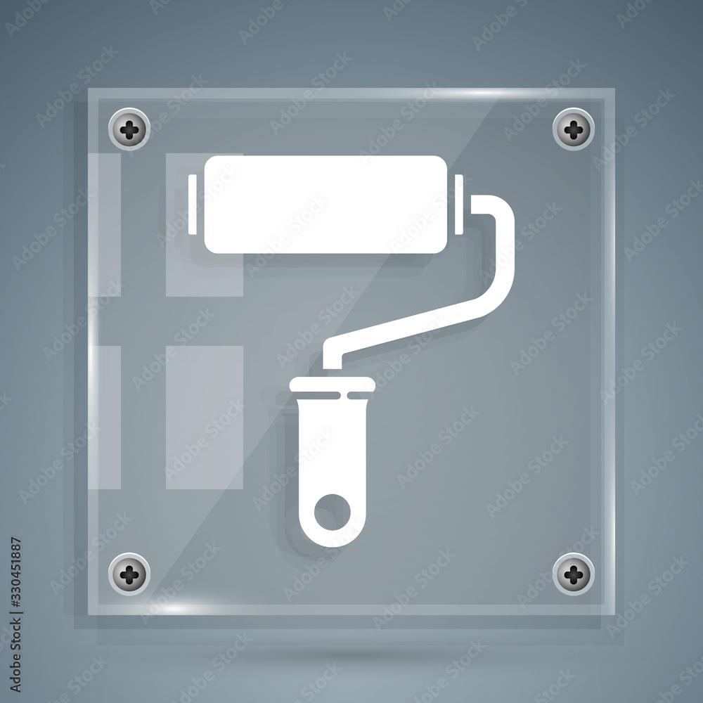 White Paint roller brush icon isolated on grey background. Square glass panels. Vector Illustration