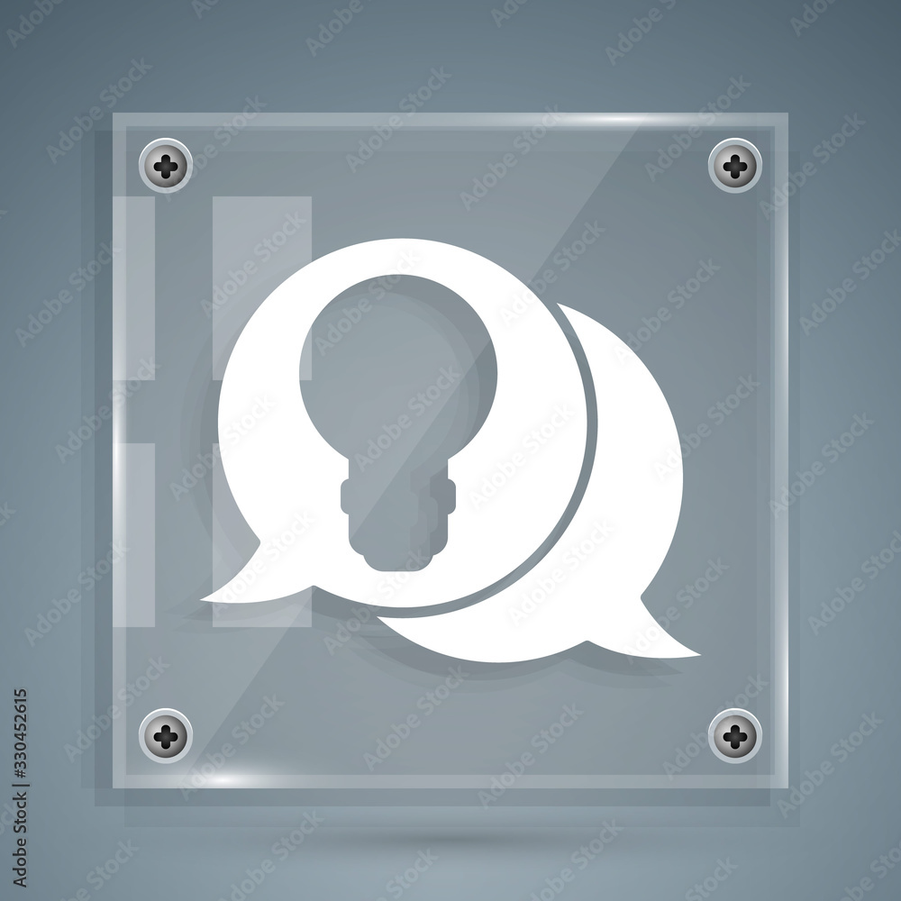 White Speech bubble and light bulb with concept of idea icon isolated on grey background. Energy and