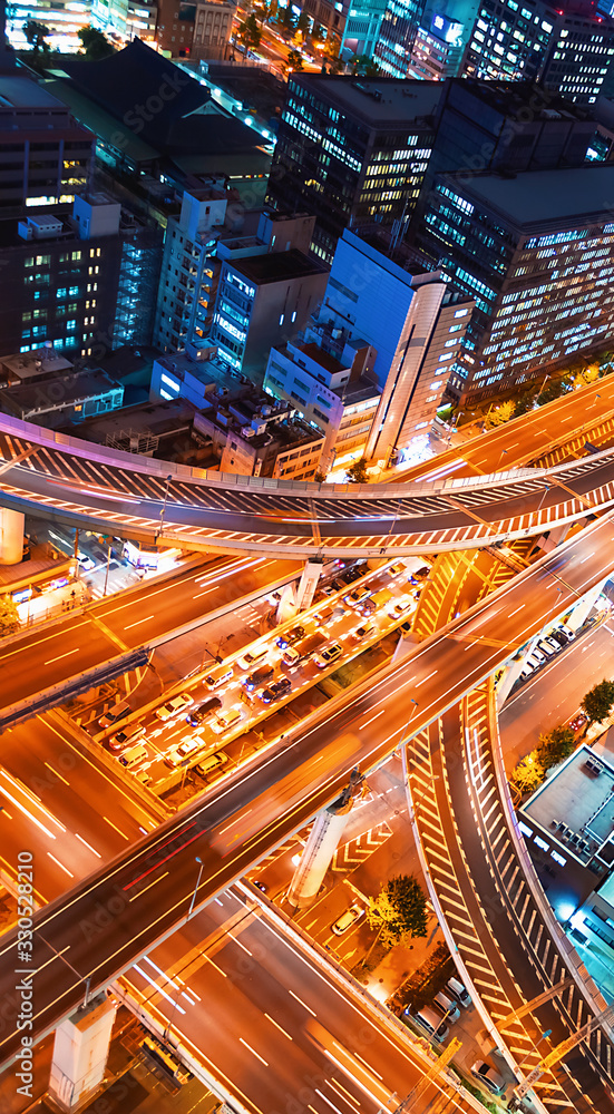 Aerial view of a massive highway intersection in Osaka, Japan