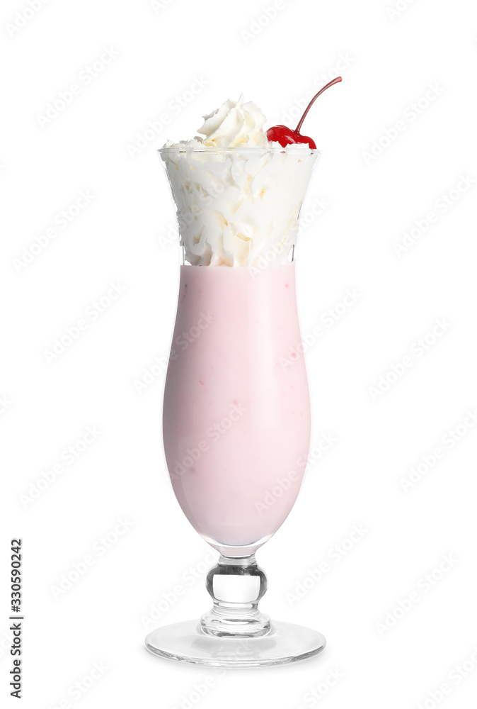 Glass of tasty milkshake on white background