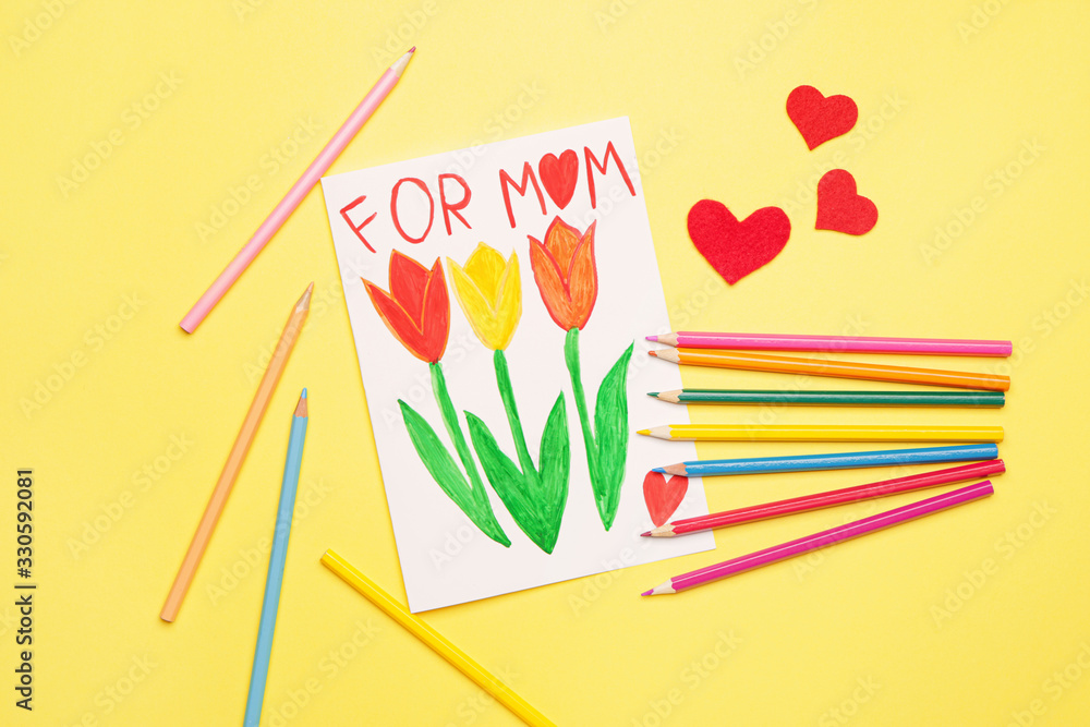 Greeting card for Mothers Day on color background