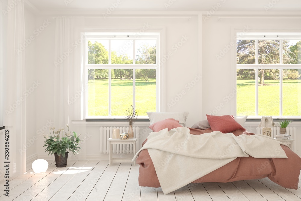 Stylish bedroom in white color with summer landscape in window. Scandinavian interior design. 3D ill