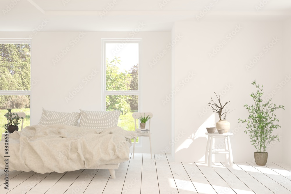 Stylish bedroom in white color with summer landscape in window. Scandinavian interior design. 3D ill