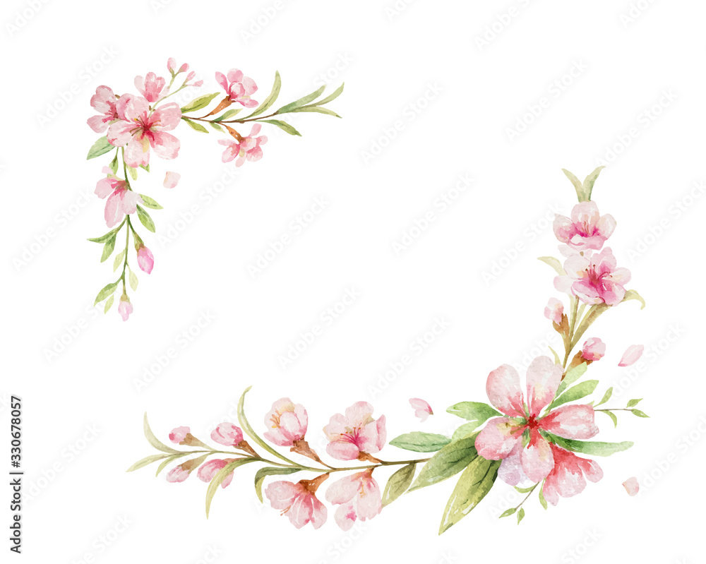 Watercolor vector wreath of pink flowers and almond leaves.