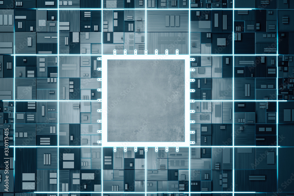 Black microchip on dark motherboard.