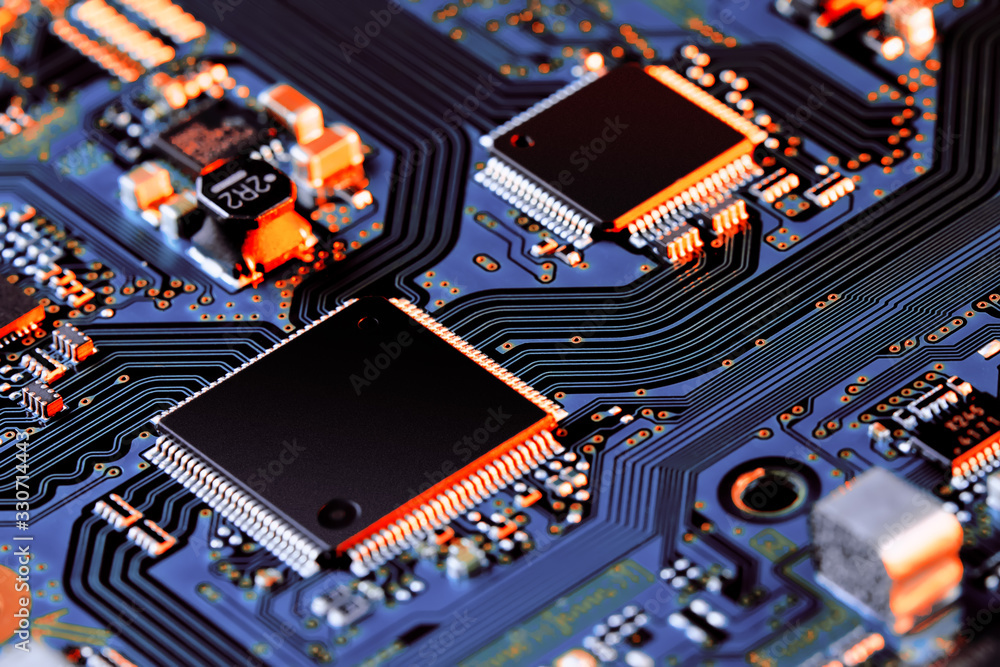 Electronic circuit board with electronic components such as chips close up