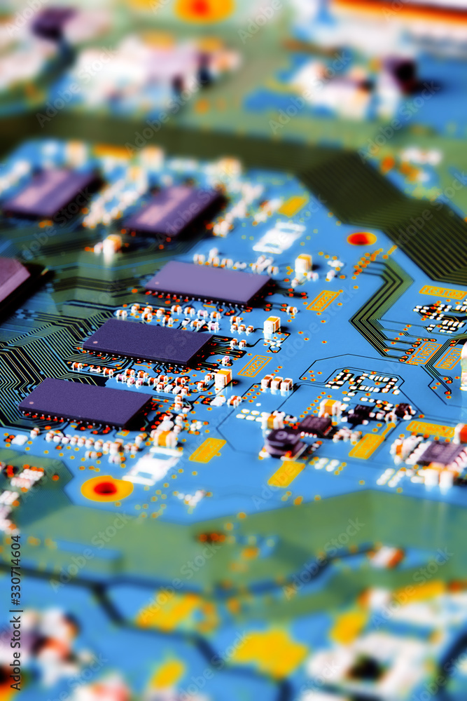 Electronic circuit board with electronic components such as chips close up