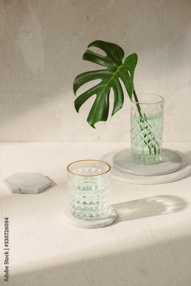 Monstera tropical palm leaves in a glass standing on white table, front view, space for a text