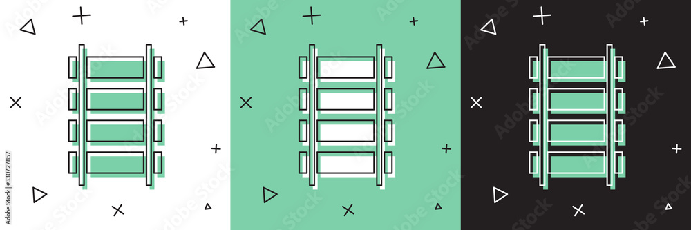 设置铁路，铁轨图标隔离在白色和绿色黑色背景上。矢量插图