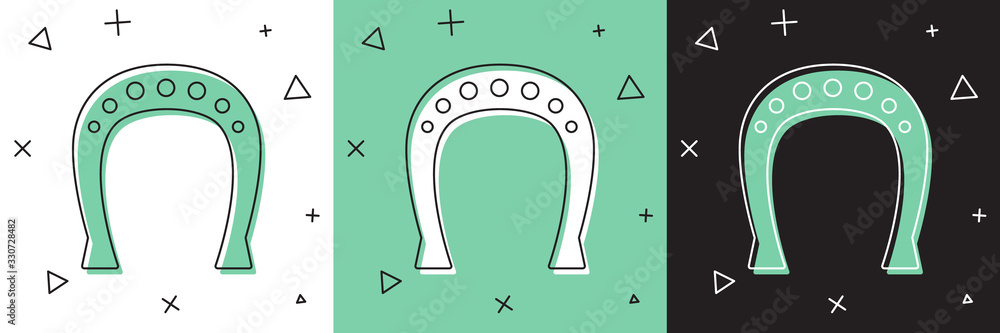 将马蹄图标隔离在白色和绿色、黑色背景上。矢量插图