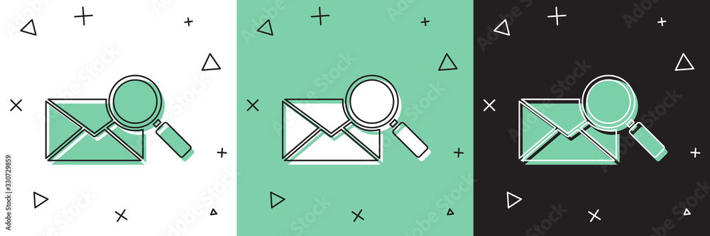 Set Envelope mail with magnifying glass icon isolated on white and green, black background. Vector I