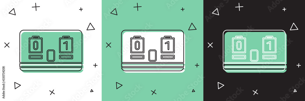 Set Sport hockey mechanical scoreboard and result display icon isolated on white and green, black ba