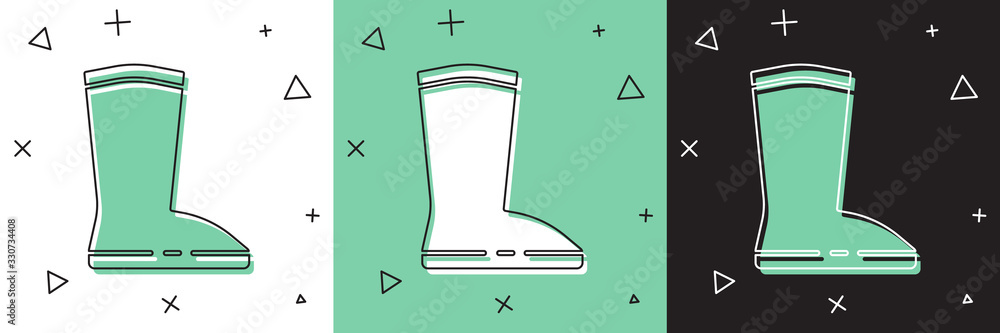 Set Waterproof rubber boot icon isolated on white and green, black background. Gumboots for rainy we