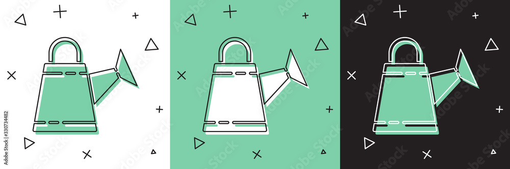 Set Watering can icon isolated on white and green，black background.灌溉符号。矢量照明