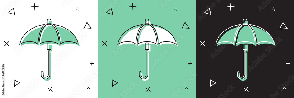 Set Classic elegant opened umbrella icon isolated on white and green, black background. Rain protect