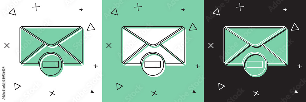 Set Delete envelope icon isolated on white and green, black background. Delete or error letter. Cros