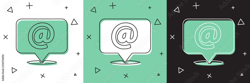 Set Mail and e-mail on speech bubble icon isolated on white and green, black background. Envelope sy