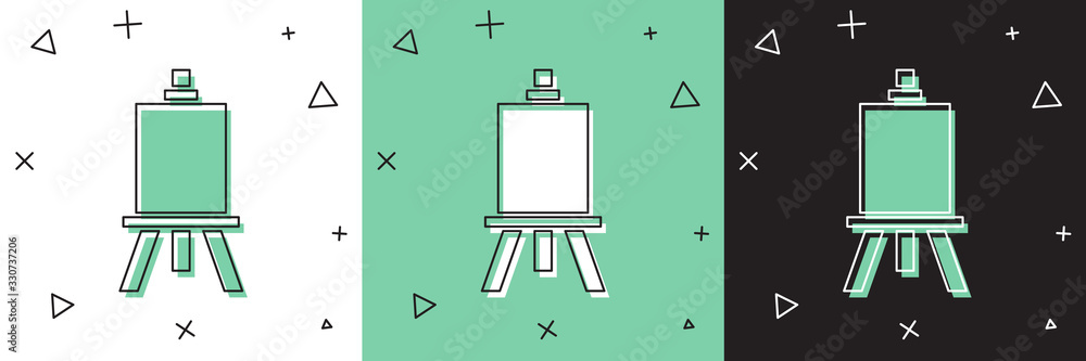 Set Wood easel or painting art boards icon isolated on white and green, black background. Vector Ill