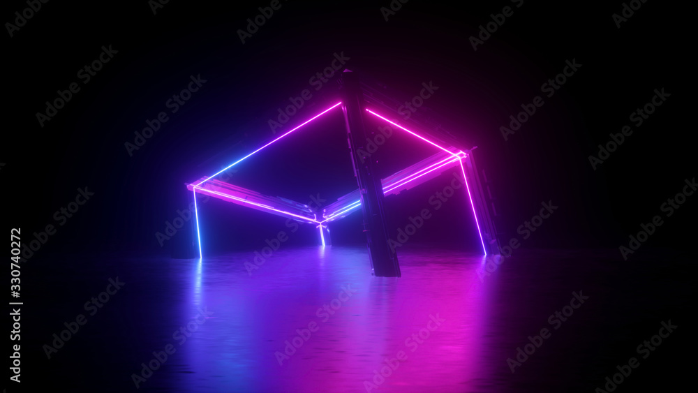 3d render, abstract neon cube over black background, square shape, pink blue glowing lines, ultravio