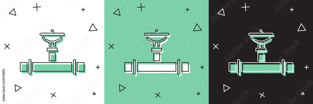 将工业金属管道和阀门图标隔离在白色和绿色黑色背景上。Vector Illu