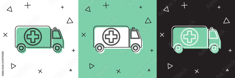 Set Ambulance and emergency car icon isolated on white and green, black background. Ambulance vehicl