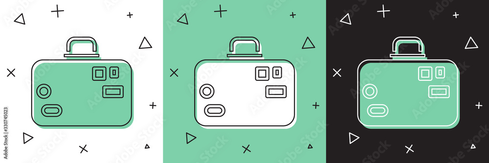 Set Suitcase for travel icon isolated on white and green, black background. Traveling baggage sign. 