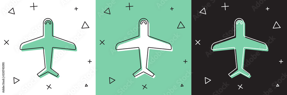 Set Plane icon isolated on white and green, black background. Flying airplane icon. Airliner sign. V