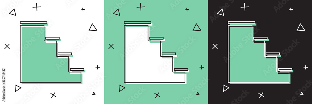 将楼梯图标隔离在白色和绿色黑色背景上。矢量插图